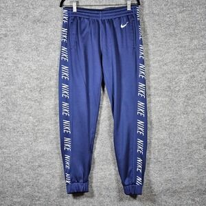 Nike Dri-FIT Navy Blue Track Pants Side Logo Tape Ankle Zip Joggers Mens Medium